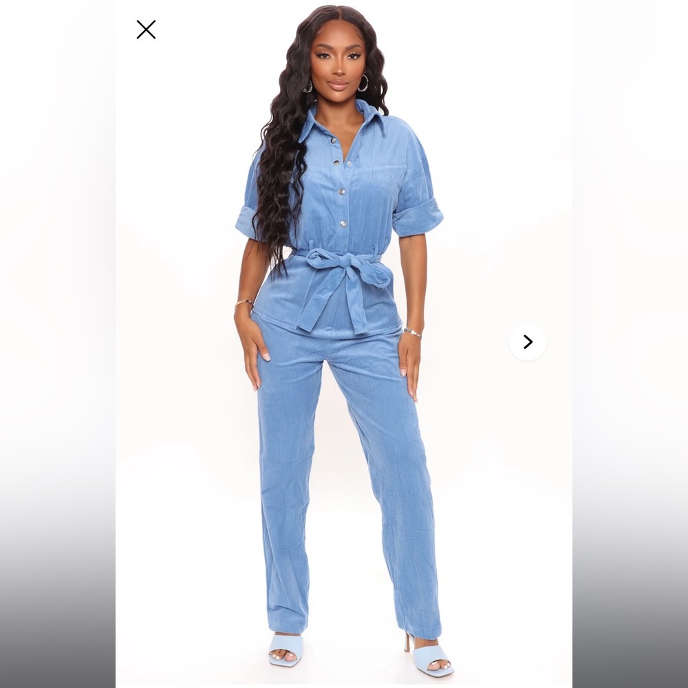 Fashion Nova Blue Corduroy Snap-up Jumpsuit